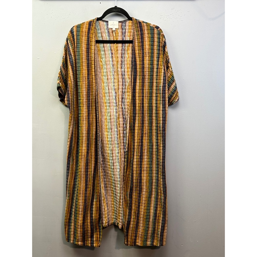 Life Clothing Cardigan Womens Medium Multi Striped Waffle Knit Open‎ Front Boho